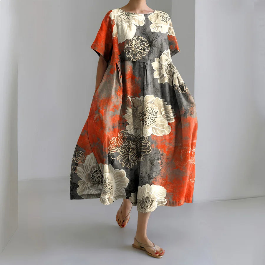 Cardydony Vintage Japanese Art Flower Print Midi Dress