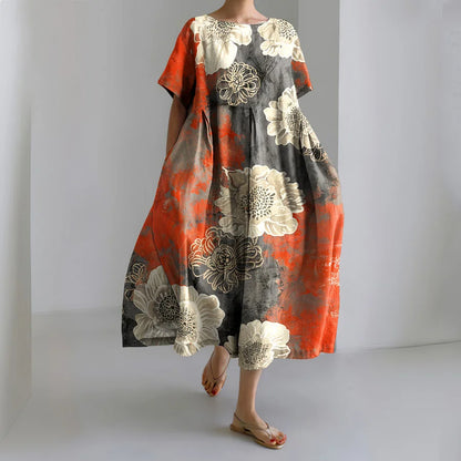 Cardydony Vintage Japanese Art Flower Print Midi Dress
