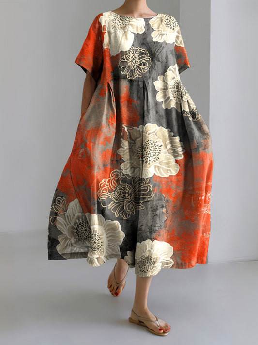 Cardydony Vintage Japanese Art Flower Print Midi Dress