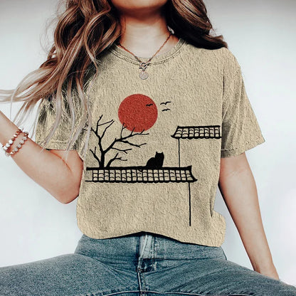 Cardydony Vintage Japanese Cat & Sunset Print Women's T-shirt