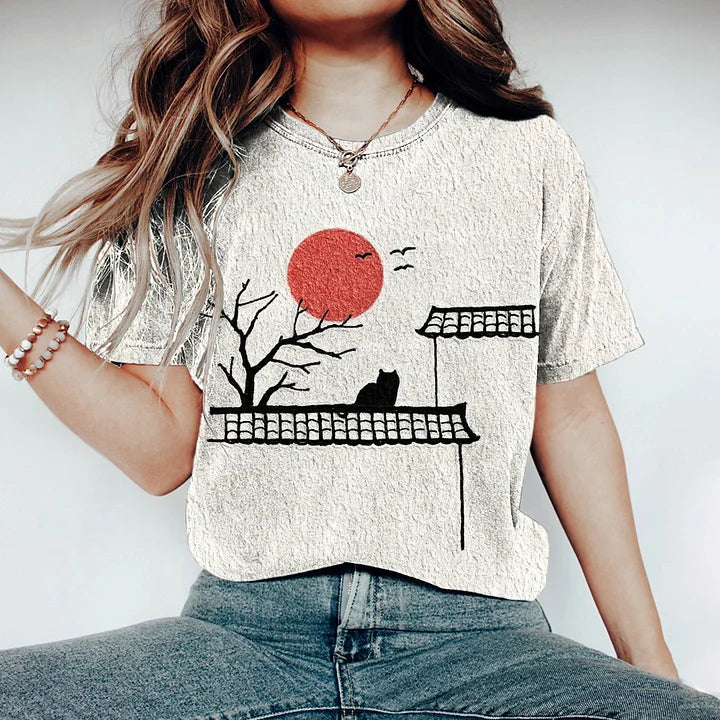 Cardydony Vintage Japanese Cat & Sunset Print Women's T-shirt