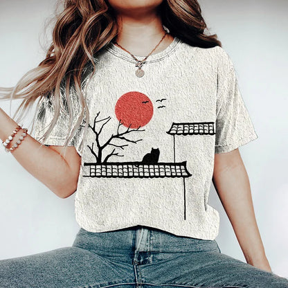 Cardydony Vintage Japanese Cat & Sunset Print Women's T-shirt
