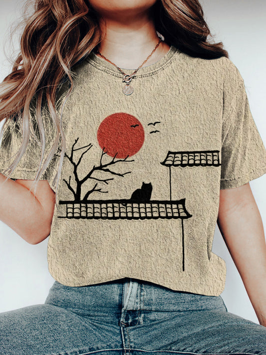 Cardydony Vintage Japanese Cat & Sunset Print Women's T-shirt