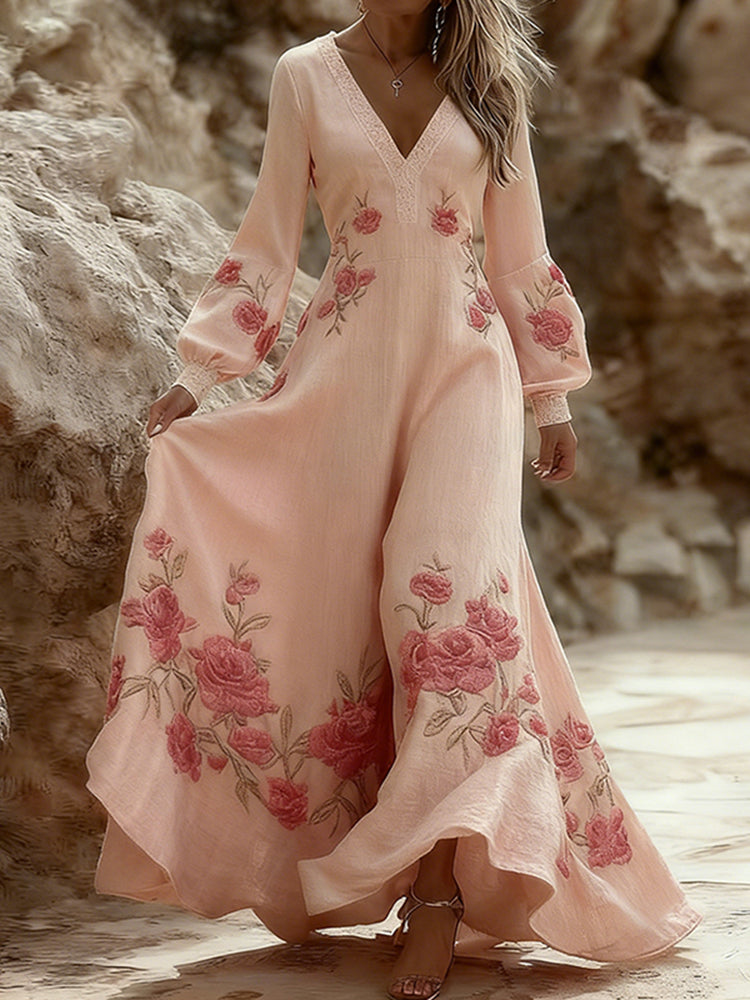 Cardydony Vintage Rose Art Women's Linen Long Sleeve Maxi V-neck Dress