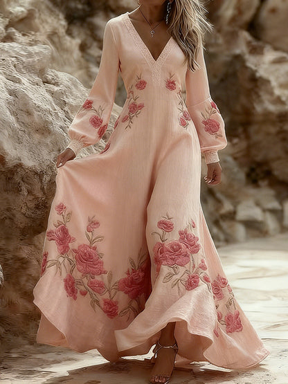 Cardydony Vintage Rose Art Women's Linen Long Sleeve Maxi V-neck Dress