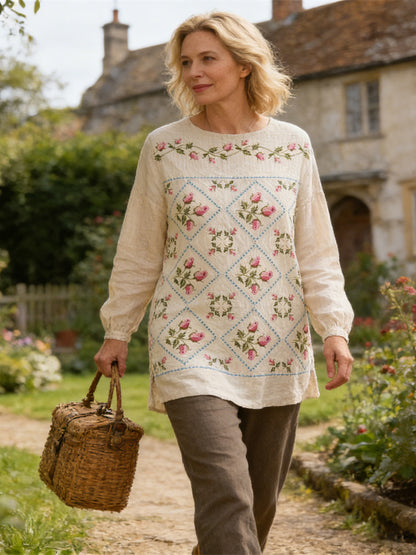 Cardydony Vintage Rustic Floral Pattern Women's Linen Long Sleeve Long Tunic