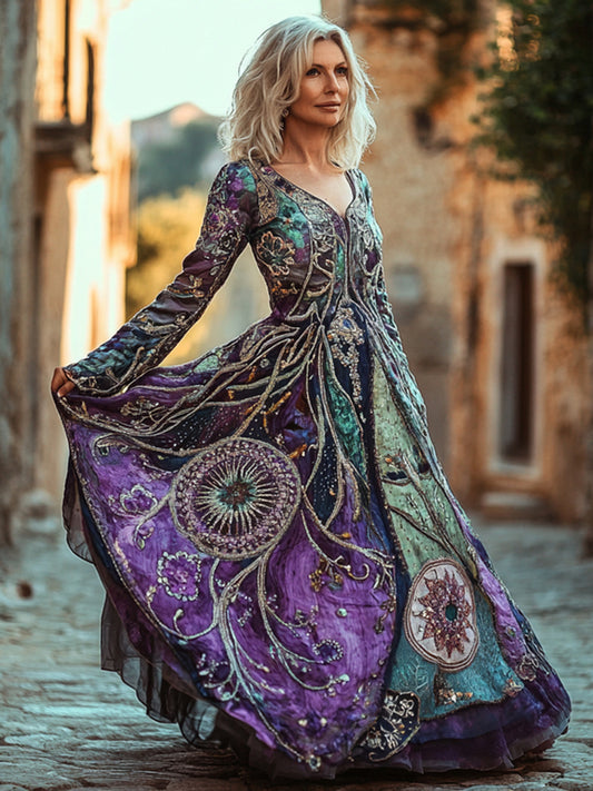 Cardydony Vintage Star And Sun Embroidery Cotton Linen V Neck Mixi Dress