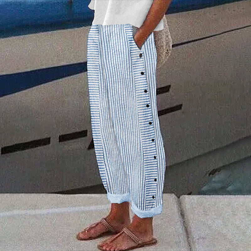 Cardydony Vintage Stripes Printed Cotton Linen Cozy Pants