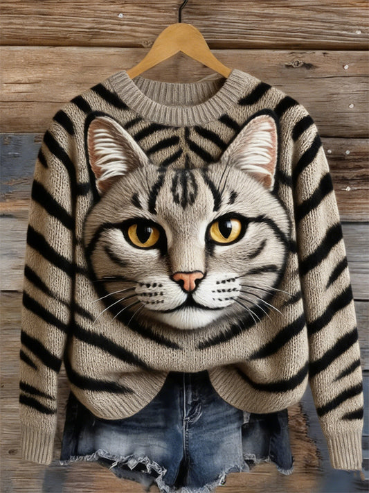 Cardydony Vintage Tabby Cat Face & Pattern Cozy Knit Sweater
