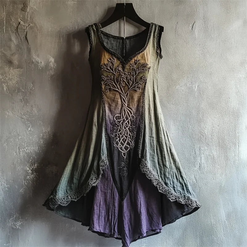 Cardydony Vintage Tree Of Life Lace Hem Gradient Linen Dress