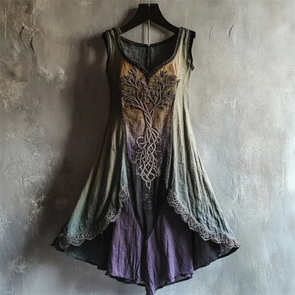 Cardydony Vintage Tree Of Life Lace Hem Gradient Linen Dress