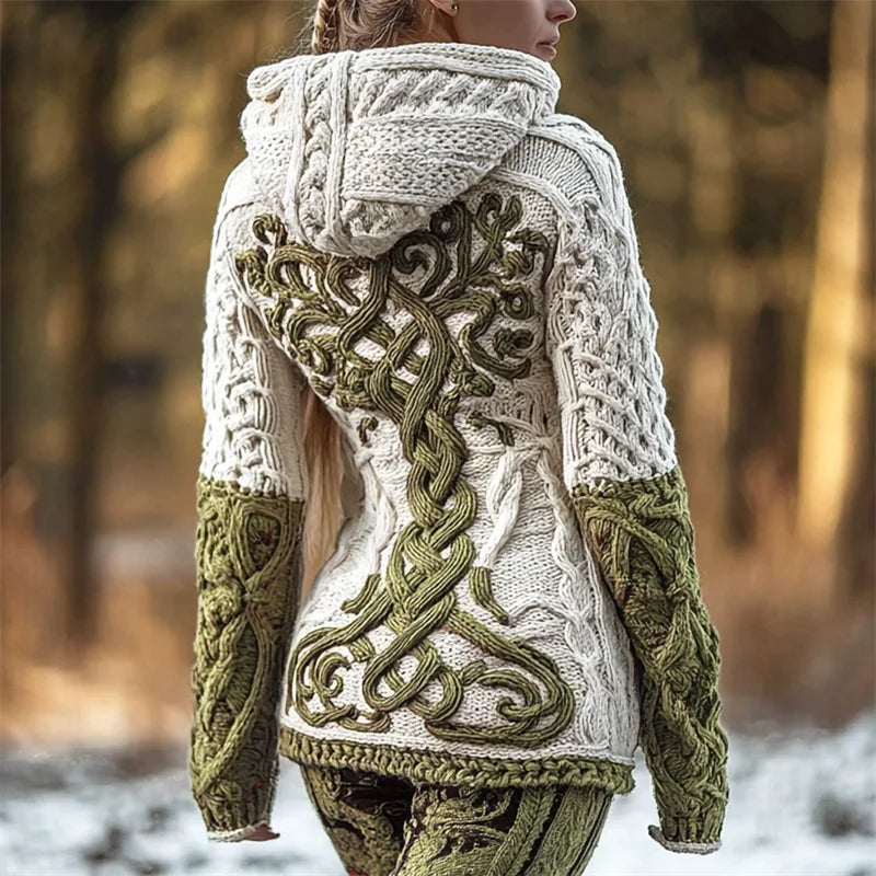 Cardydony Vintage Viking Tree Of Life Celtic Contrast Cozy Hooded Sweater