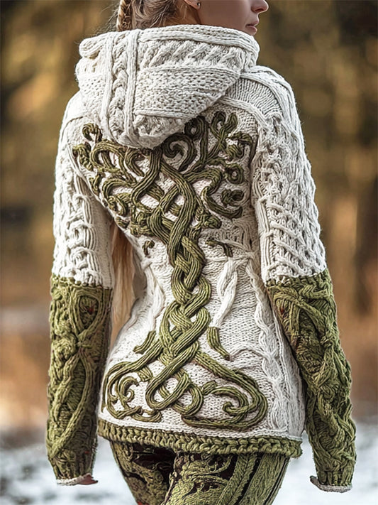 Cardydony Vintage Viking Tree Of Life Celtic Contrast Cozy Hooded Sweater