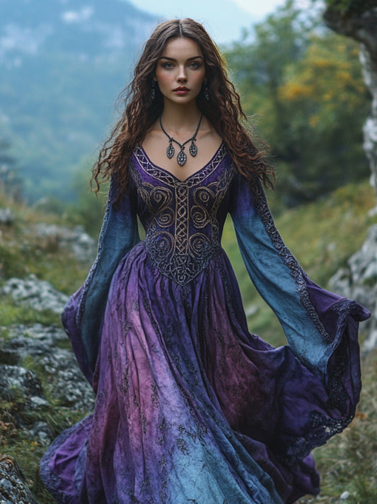 Cardydony Vintage Viking Tribal Celtic Knot Art Linen V-neck Maxi Dress