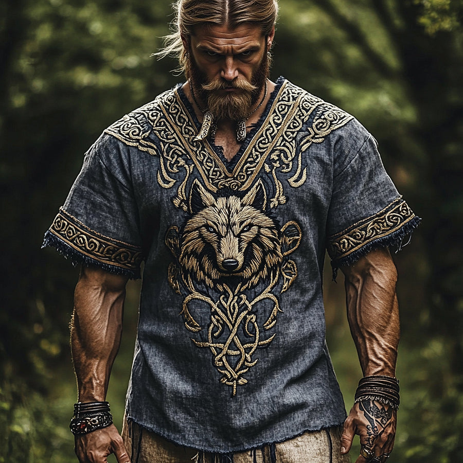 Cardydony Vintage Viking Wolf Celtic Knot V-neck Linen T Shirt