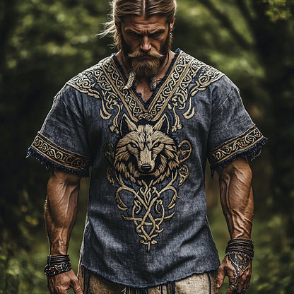 Cardydony Vintage Viking Wolf Celtic Knot V-neck Linen T Shirt