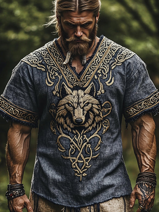 Cardydony Vintage Viking Wolf Celtic Knot V-neck Linen T Shirt