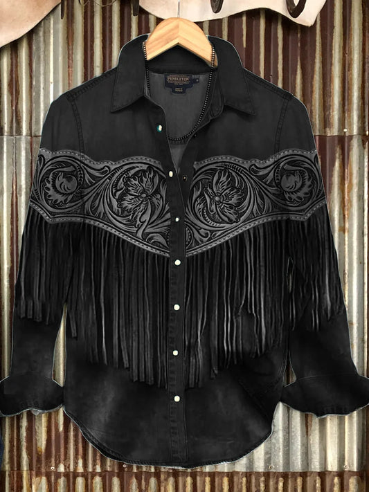 Cardydony Vintage Western Floral Tassels Cowgirl Blouse