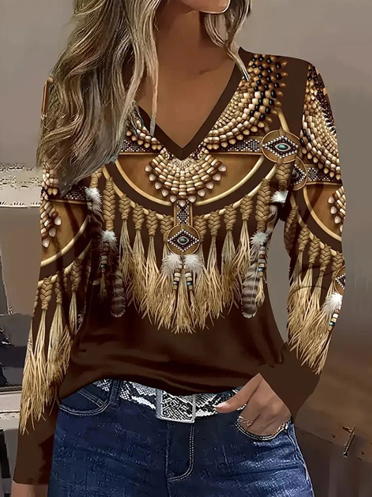 Cardydony Vintage Western Print V-Neck Long Sleeve T-Shirt