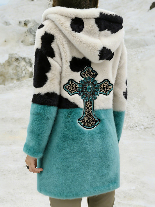 Cardydony Vintage Western Turquoise Cross Cozy Plush Hooded Cardigan