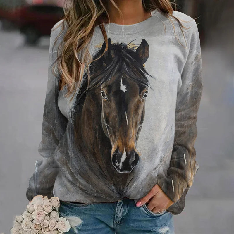 Cardydony Western Horse Print Crew Neck Long Sleeve Casual Sweatshirt