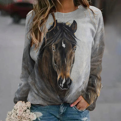 Cardydony Western Horse Print Crew Neck Long Sleeve Casual Sweatshirt