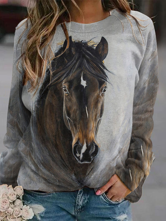 Cardydony Western Horse Print Crew Neck Long Sleeve Casual Sweatshirt