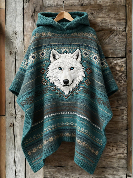 Cardydony Western Wolf Ethnic Aztec Cozy Knit Hooded Cloak