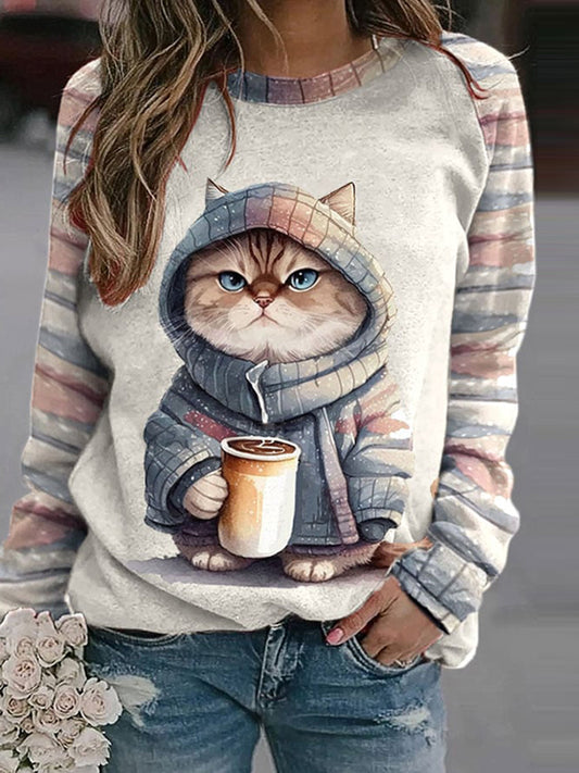 Cardydony Winter Funny Cute Wonderland Clothing Cat Print Sweatshirt