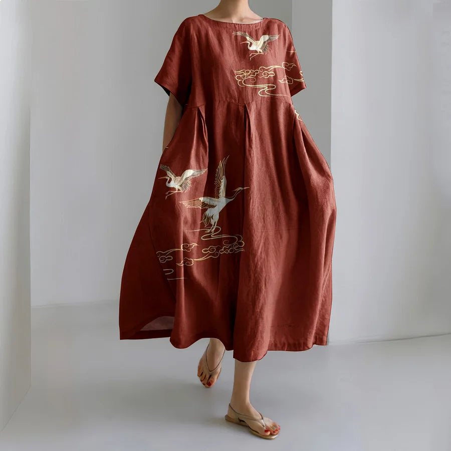 Cardydony Women Crane Art Printed Casual Midi Dress