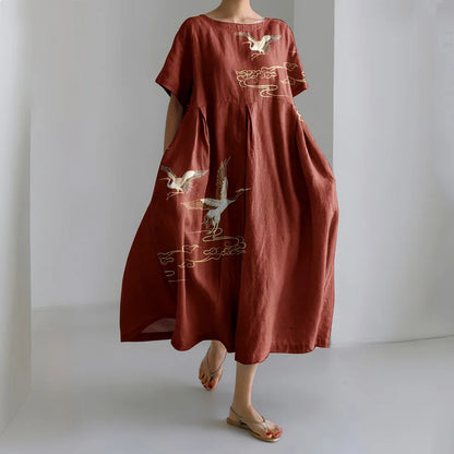 Cardydony Women Crane Art Printed Casual Midi Dress