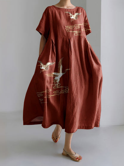 Cardydony Women Crane Art Printed Casual Midi Dress