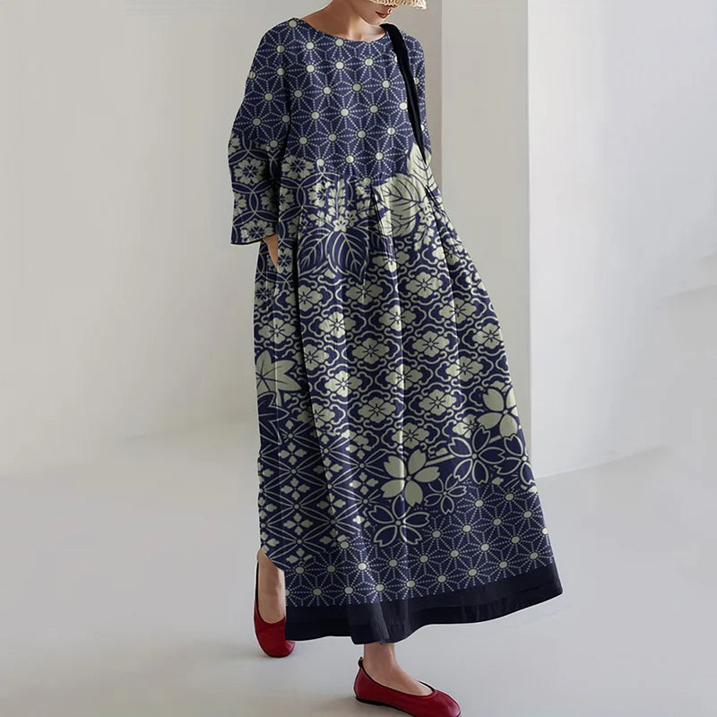 Cardydony Women Japanese Art Plum Blossom Printed Casual Midi Dress