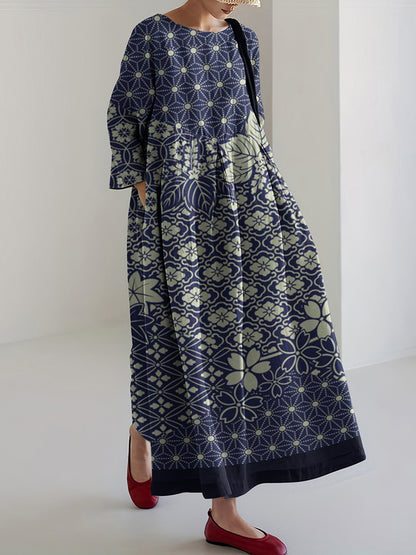 Cardydony Women Japanese Art Plum Blossom Printed Casual Midi Dress