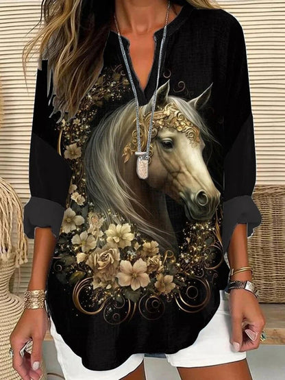 Cardydony Women'S Vintage Horse Art Print Loose Casual Shirt