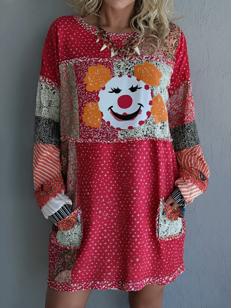 Cardydony Women's Abstract Clown Patchwork Contrast Print Mini Dress
