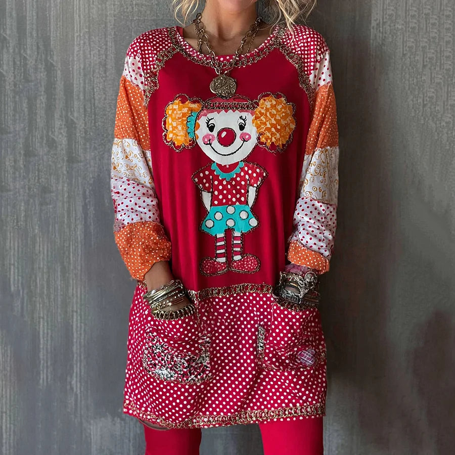 Cardydony Women's Abstract Cute Clown Patchwork Contrast Print Pocket Mini Dress
