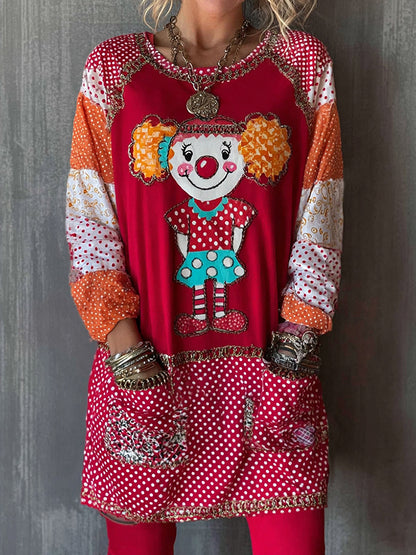 Cardydony Women's Abstract Cute Clown Patchwork Contrast Print Pocket Mini Dress