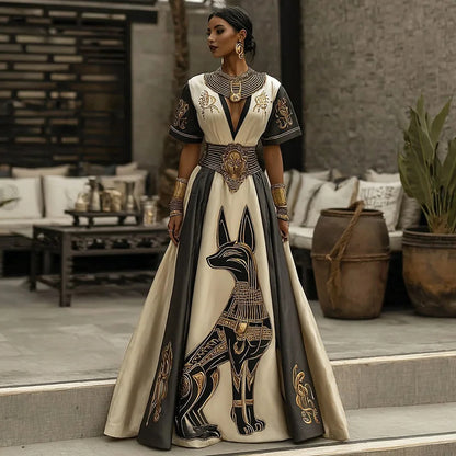 Cardydony Women's Ancient Egyptian Anubis Art Pattern V-neck Dress