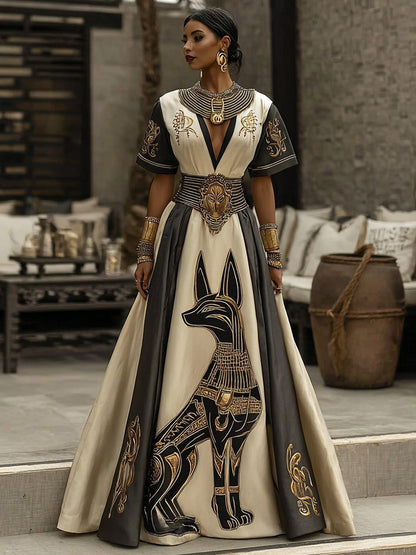 Cardydony Women's Ancient Egyptian Anubis Art Pattern V-neck Dress