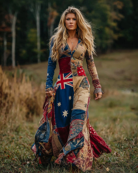 Cardydony Women's Australian Flag Floral Patchwork Art Comfy Linen V-neck Dress