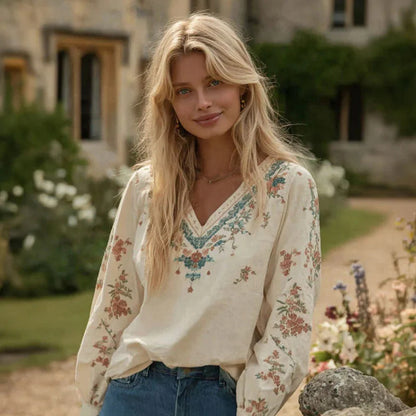 Cardydony Women's Bohemian Art Floral Pattern V-neck Long-sleeved Top