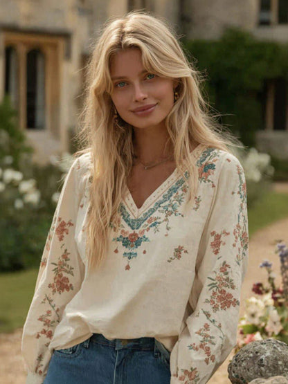 Cardydony Women's Bohemian Art Floral Pattern V-neck Long-sleeved Top