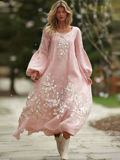 Cardydony Women's Bohemian Cherry Blossom Pattern Casual Round Neck Long Sleeve Dress