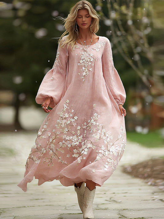 Cardydony Women's Bohemian Cherry Blossom Pattern Casual Round Neck Long Sleeve Dress