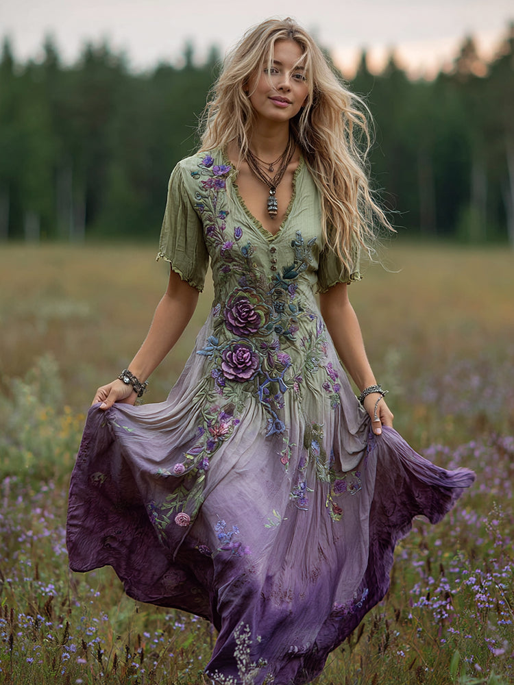 Cardydony Women's Bohemian Floral Art Gradient Linen Maxi Dress