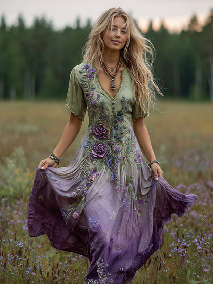 Cardydony Women's Bohemian Floral Art Gradient Linen Maxi Dress