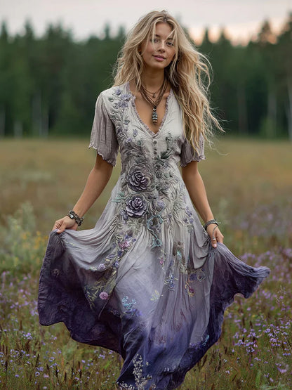 Cardydony Women's Bohemian Floral Art Gradient Linen Maxi Dress