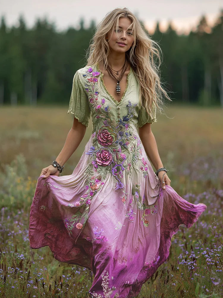 Cardydony Women's Bohemian Floral Art Gradient Linen Maxi Dress