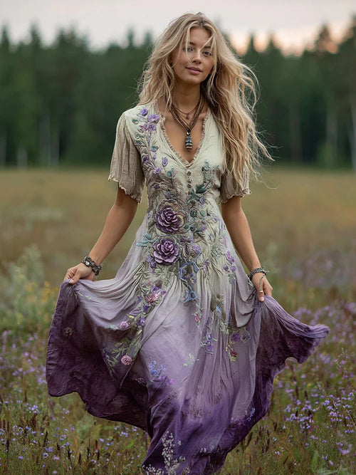 Cardydony Women's Bohemian Floral Art Gradient Linen Maxi Dress